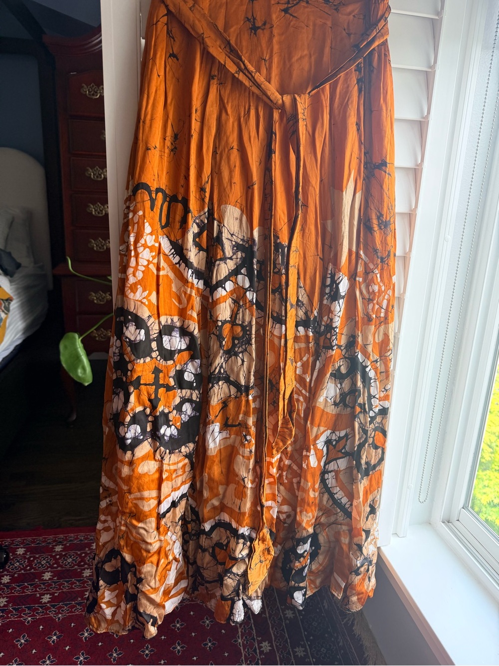 Bohemian Orange Tie-Waist Maxi Skirt with Batik Design one of a kind 100% silk